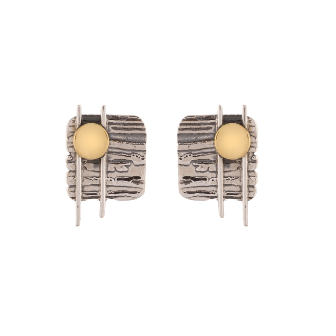 Textured Square Plate Earrings with Sticks and Brass Detail - JP0928
