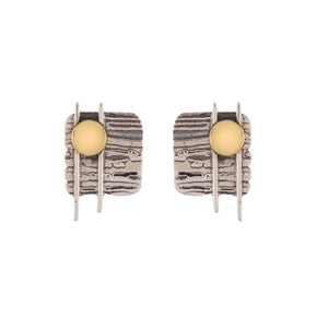 Textured Square Plate Earrings with Sticks and Brass Detail - JP0928